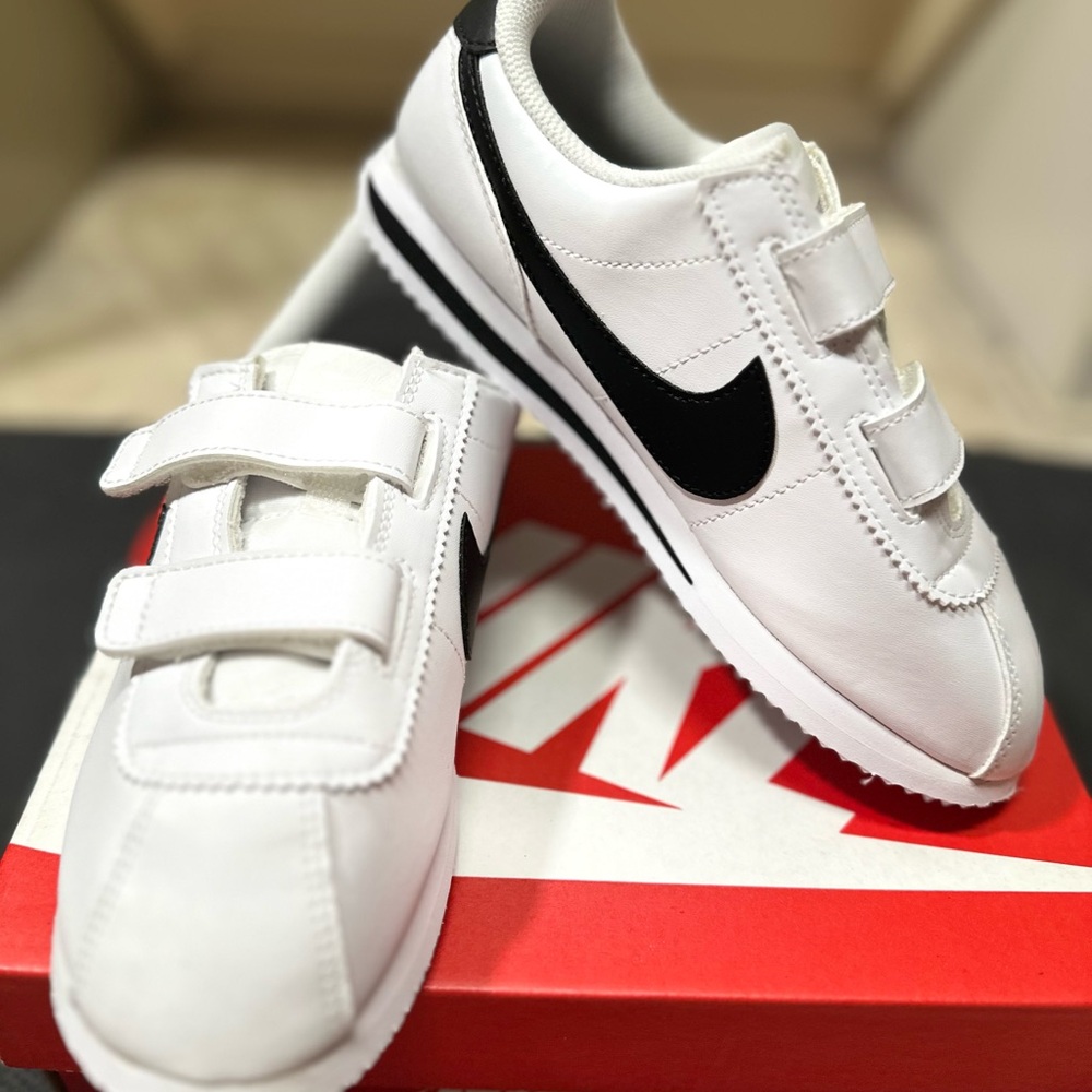 Nike Kids White Sneakers with Black Swoosh Velcro